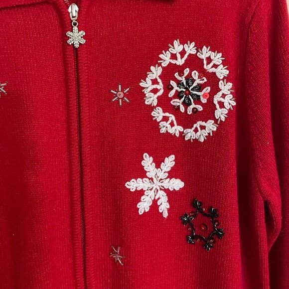 Allison Daley Women's Sweater Red Size M Long Sleeve Zip Christmas Snow Flakes - Picture 4 of 7